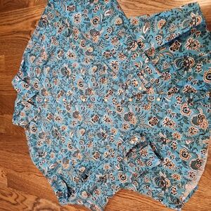 PENDELTON WOMENS COTTON/SPANDEX BLOUSE, VINTAGE, turquoise print, size XL